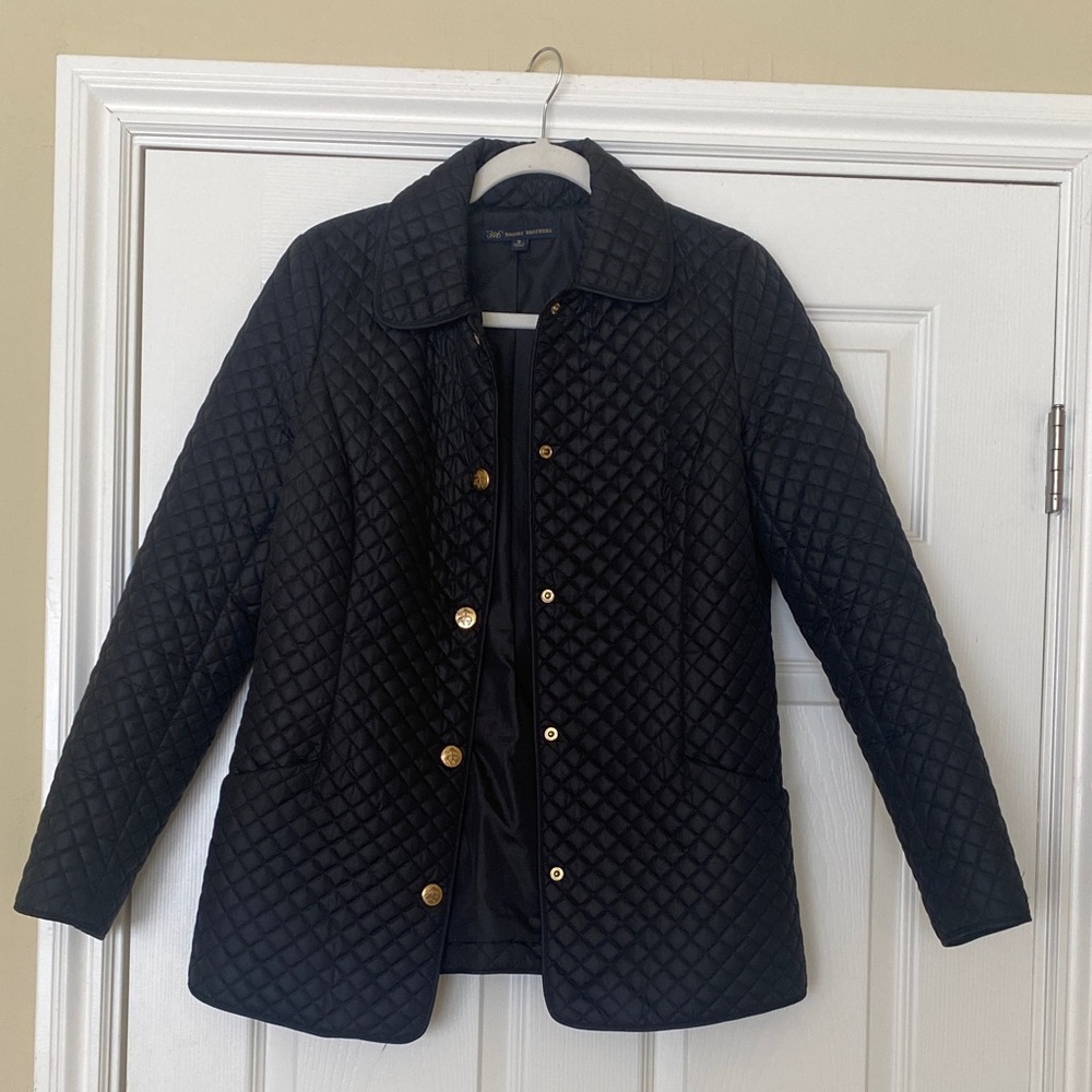 Brooks Brothers Black Quilted Puffer Jacket with Gold Snap Buttons